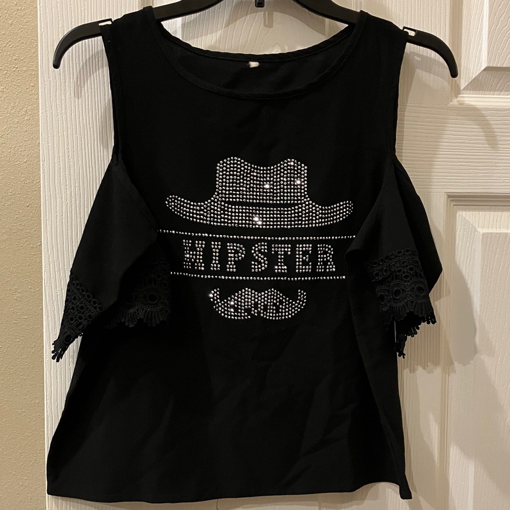 Hipster Rhinestone Cold-Shoulder Women's Top - Black
